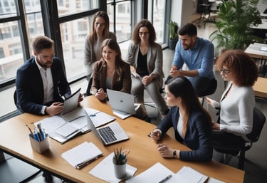 A diverse group of professionals collaborating in a modern office setting.