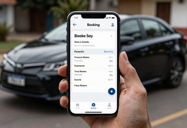 A smartphone displaying a booking app in front of a blurred deepest obsidian black Corolla. Sophisticated atmosphere, soft lighting in a South American / Brazilian setting.
