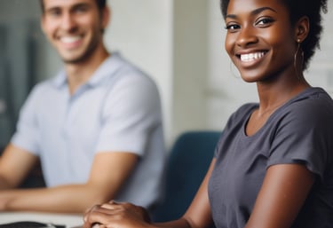 Smiling Black businesswoman working in a modern office with a diverse colleague.
