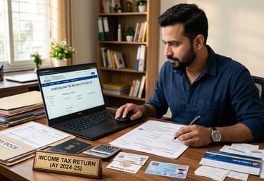 A man files his Indian income tax return online using a laptop and official documents at a desk.