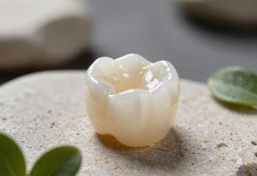Macro photography of a translucent ceramic dental crown placed on a smooth light beige stone, surrounded by small green leaves, soft focus background, emphasizing the beauty of metal-free materials, high-end studio lighting.