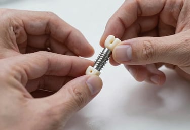 Close-up photography of professional hands holding a biocompatible ceramic dental implant over a clean, white surface. Soft natural lighting, Italian professional setting.