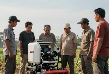 A group of Southeast Asian / Indonesian farmers in a field inspecting a new piece of modern agricultural machinery, professional and sunny atmosphere.