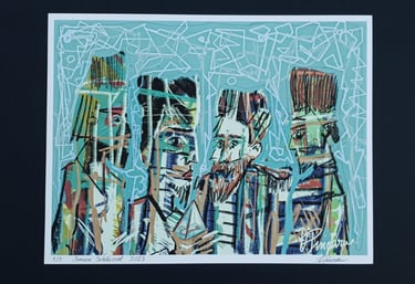 Limitierter Fine-Art-Print mit vier Figuren, Pyramide und versteckten Schlüsseln; Innere Schlüssel.