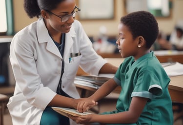 A gentle moment of a volunteer helping a child try on a school uniform.