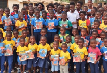 A warm classroom scene with children smiling as they receive new school supplies.