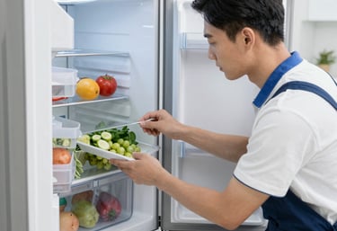 Technician repairing a modern refrigerator in a bright kitchen.