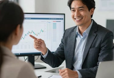 Financial advisor presenting a digital chart to a client in a bright office. The focus is on the positive data displayed on the screen. Latin American professional setting.