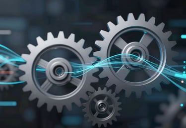 Conceptual image of digital gear wheels and data streams merging together, signifying seamless system integration and automation.