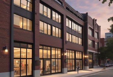 Students collaborating on a business project in a bright, modern classroom.