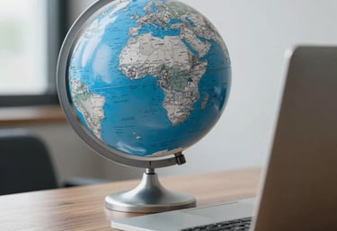 An artistic close-up of a silver and blue desk globe positioned next to a modern slim laptop on a wooden executive desk. Professional, international business theme, soft daylight, sophisticated and clean.