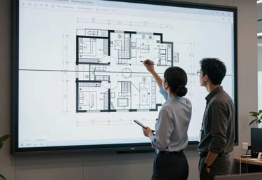 A professional collaborative workspace in a Brazilian high-rise where engineers discuss technical drawings on a large digital screen.