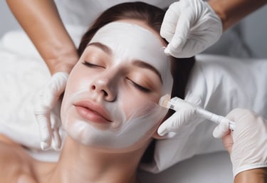 Relaxing facial treatment scene with soft lighting and elegant decor in shades of pink and white.