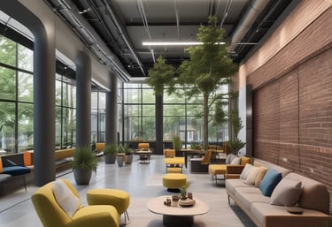 Community gathering in a lively plaza surrounded by shops and apartments at sunset.