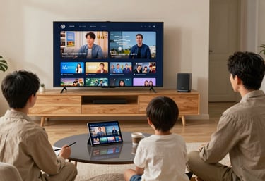 An elegant family room where diverse devices like a smart TV and a tablet are used simultaneously for streaming.