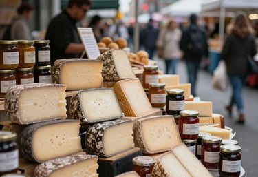 A bustling modern food market in a North American / US city, focusing on a stall with beautifully arranged artisanal cheeses and jars of organic preserves, high-end commercial style.