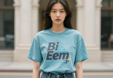 A stylish model wearing a 90s-inspired graphic t-shirt with 'Bi Eem' branding. The shot uses soft film-like colors, #89B5D3 blue tones, and an elegant urban retro backdrop.