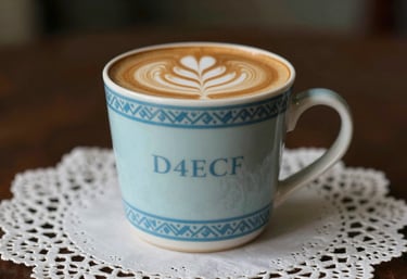 A retro ceramic mug with a coffee art on top, placed on a vintage lace doily. Elegant lighting, highlighting the #D4ECF7 blue patterns on the mug. Sophisticated 90s aesthetic.