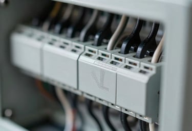 Close-up detail of perfectly organized wires inside an electrical panel. Clean, technical, and professional composition in silver and black.
