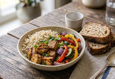 Grilled tofu with vegetables and brown rice as a healthy plant-based protein meal.