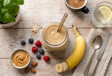Peanut butter banana protein smoothie full of protein for a healthy quick breakfast.