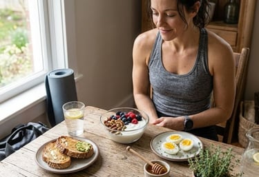 High-protein breakfast featuring Greek yogurt, eggs, berries, whole-grain toast, and mixed nuts.