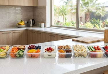 Weekly meal preparation – healthy snacks in reusable containers.