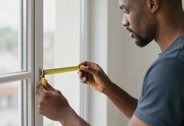 A skilled craftsman measuring and fitting custom blinds in a bright, modern Angolan home.