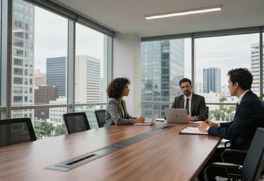 A panoramic view of a corporate meeting room in a Brazilian business district, modern architecture, clear glass walls, professional atmosphere.