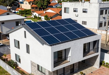 Photovoltaic solar panels installed on a rural house roof under a clear blue sky.