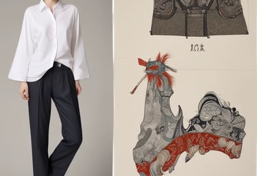 A minimalist flat-lay of tbh boutique’s signature red-accented clothing pieces arranged on a clean white background with delicate Chinese pattern shadows.