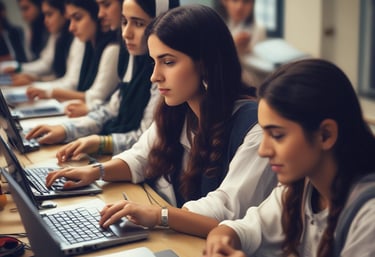 A diverse group of students engaged in a hands-on computer course in a bright, modern classroom.