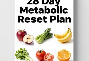 A friendly person holding a smartphone displaying the metaboreset 28-day reset plan interface.