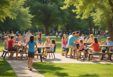 A diverse group of smiling people gathered in a community meeting, discussing health plans.