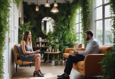 A calm and inviting coaching session in a cozy, sunlit room.
