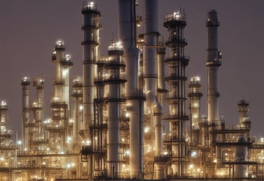 A professional petrochemical plant with pipelines and storage tanks under a clear sky.
