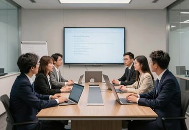 modern conference room with laptops and a  europian look people seetdigital display.