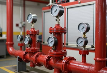 An industrial fire pump system with red piping and gauges in a North American mechanical room, sharp focus, clean industrial setting.