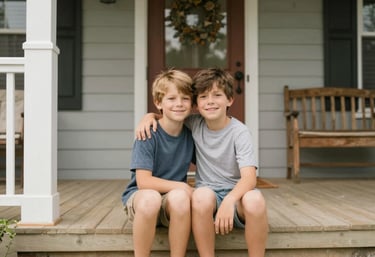 A warm, bright photo of two children happily playing together in a sunlit park, symbolizing harmony and care.