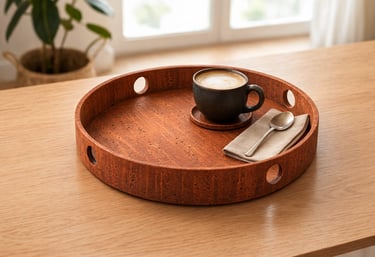 A round cork serving tray holding a black coffee mug and spoon on a wooden dining table.
