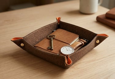 Brown leather valet tray holding a wristwatch, notebook, and key on a wooden desk.