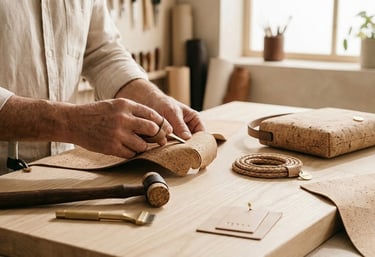 Artisan craftsman handmade sustainable cork leather handbag on a wooden workbench with tools.