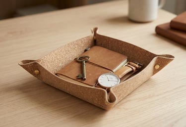 Minimalist cork valet tray holding a leather journal, vintage key, and wrist watch on a wooden desk.