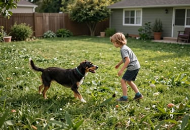 A child and a dog playing safely in a pest-free, sun-drenched North American / US backyard with lush green grass, conveying a sense of relief.