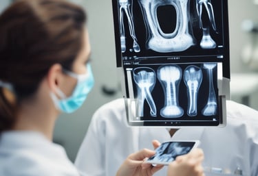 Close-up of a dentist smiling confidently while using a tablet in a modern clinic.