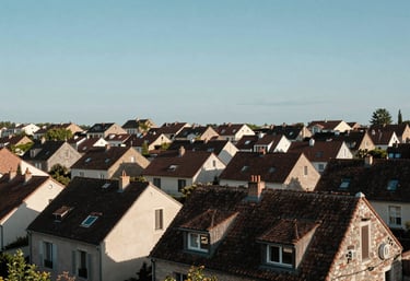 Wide panoramic view of a residential neighborhood in Western Europe / France with well-maintained roofs, clear sky, emphasizing durability and community trust.