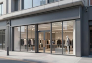 A crisp, architectural photograph of a completed modern commercial storefront, highlighting clean steel lines and perfect glass finish. Colors #2D3A3A and #F0F5F5.