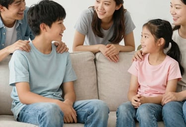 A therapist and client engaged in a warm, supportive conversation.