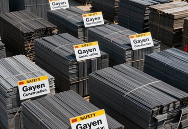 A detailed photograph of industrial material stockpiles at a North American construction site, with Gayen Construction labels visible on the safety signage.
