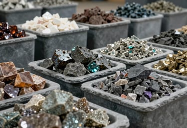 An industrial warehouse setting where sorted minerals are stored in slate gray containers, clean and organized.